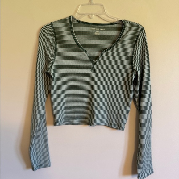 American Eagle Outfitters Tops - American Eagle Ribbed Green Stripe Long Sleeve Crop Vneck Tee Medium